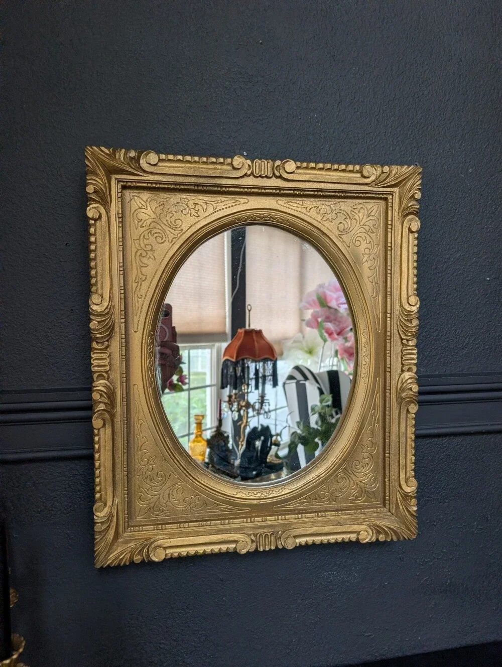 Vintage Ornate Gold Gilt Resin Oval Insert Mirror,  French Neoclassical Style 19